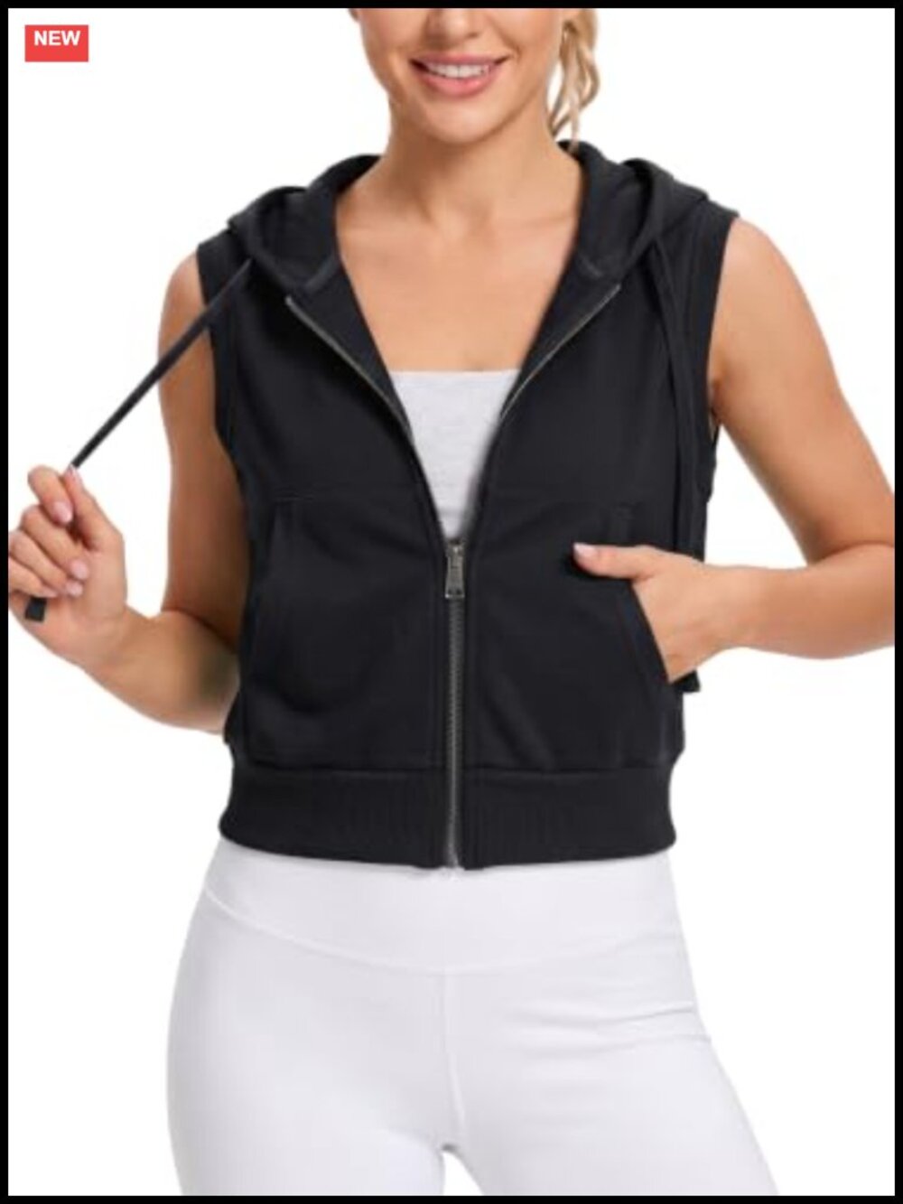 Sleeveless Cropped Full Zip Hooded Sweatshirt Vest 4 Pockets